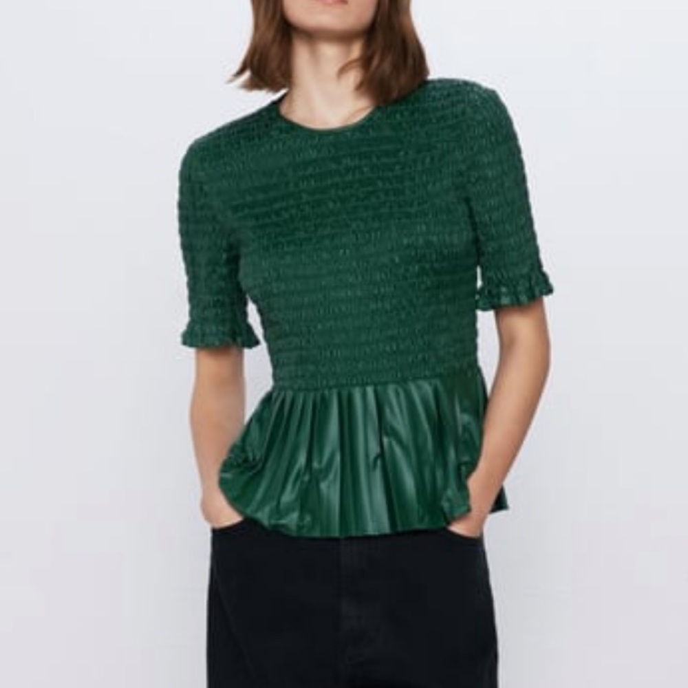 Zara Faux Leather Crinkle Peplum stop Green Medium